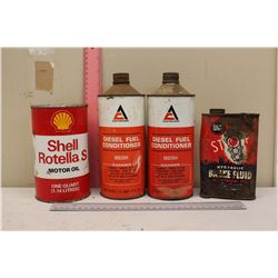 Lot of Tins (4) (Shell Motor Oil, Allis-Chalmers Diesel Fuel Conditioning, Whiz Break Fluid)