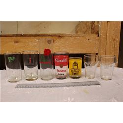 Lot of Vintage Advertising Glasses (7)(2 Measuring)(Red Rose, Campbell's, International Harvester, E