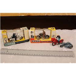 Vintage Britains Toy Motorcycles (3)(2 In Original Package)& A Lesney Motorcycle