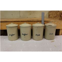 Vintage Medalta Advertising Crocks w/Lids (Coffee, Coffee, Sugar, Salt)