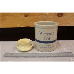 Vintage Wesson Oil Advertising Crock and Red Wing Miniature Vase