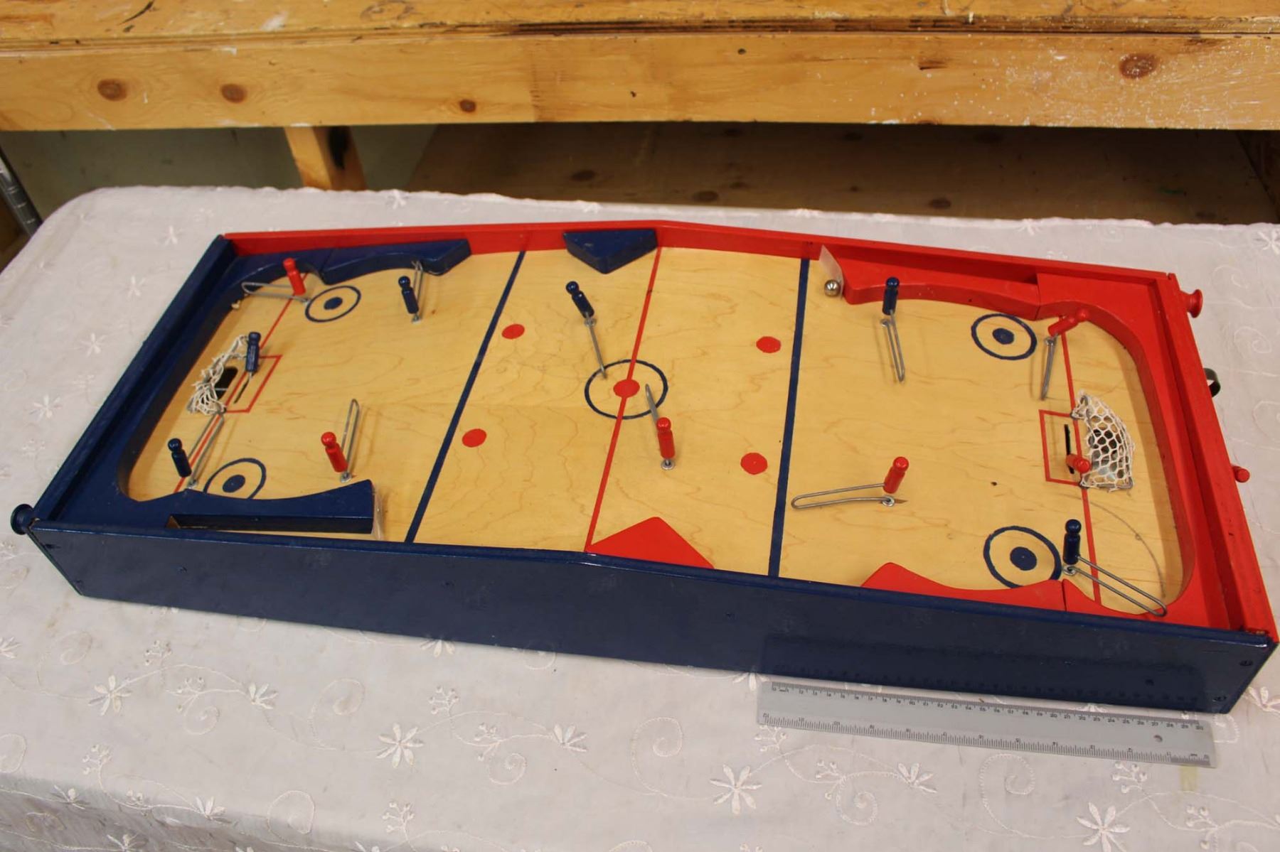 Vintage Wooden Hockey Table Game w/Metal Ball (3")