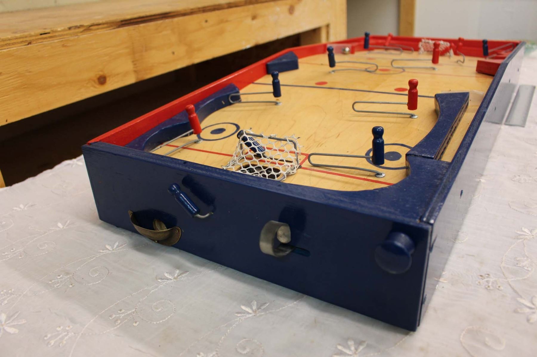 Vintage Wooden Hockey Table Game w/Metal Ball (3")