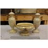 Image 1 : Set of (2) Empire England Ornate Gold Urns and (1) Matching Dish