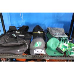 SHELF OF CLOTHING OWNED BY BC LIONS PLAYER TIM CRONK - GLOVES, HATS, BACKPACK, AND MORE