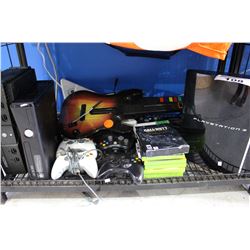 SHELF OF VIDEO GAMES, GAME CONSOLES AND CONTROLLERS - XBOX 360, PLAYSTATION 3, AND MORE