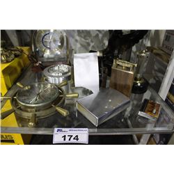 SHELF INCLUDING VINTAGE CLOCKS, VINTAGE LIGHTERS, EAGLE CARVING, AND VINTAGE METAL LAMP