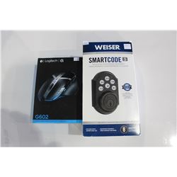 WEISER SMART CODE TOUCH PAD ELECTRONIC DEADBOLT AND LOGITECH WIRELESS GAMING MOUSE