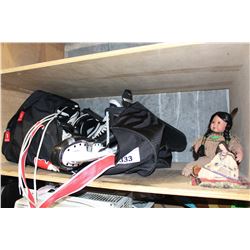 SHELF LOT OF MISC HOCKEY GEAR AND 2 FIRST NATIONS FIGURINES