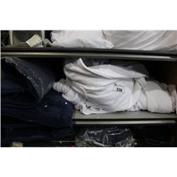 SHELF LOT OF WHITE COTTON BATH ROBES AND HEATING PAD