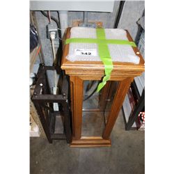 OAK AND GLASS CURIO CABINET AND METAL SHELVING UNIT
