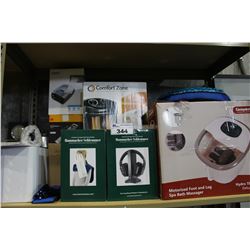 SHELF LOT OF HEADPHONES, HEATING PAD, FOOT AND LEG MASSAGER AND MORE