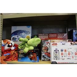 SHELF LOT OF STAR WARS LEGO PUZZLE, TOYS DRONES AND MORE