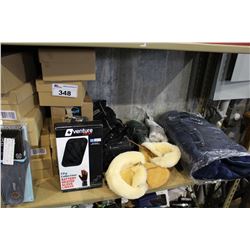 SHELF LOT OF SLIPPERS, HEATED GLOVES, HEATING PADS AND MORE
