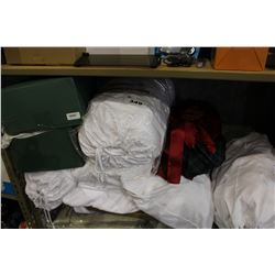 SHELF LOT OF COTTON ROBES, TOWELS AND LINENS