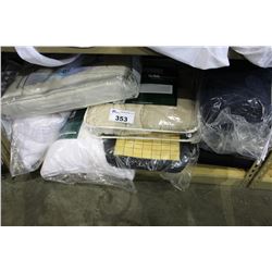 SHELF LOT OF BEDDING AND PILLOWS