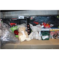 SHELF LOT OF REMOTE CONTROL DINOSAUR AND MORE TOYS