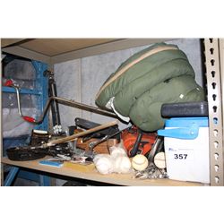 SHELF LOT OF CAMPING GEAR AND TOOLS