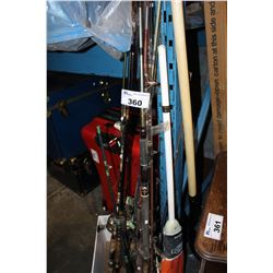 BOX OF FISHING RODS AND REELS