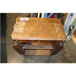 VINTAGE TABLE, CURLING BROOM AND SHOVEL