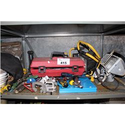 SHELF LOT OF TOOLS, TROUBLE LIGHTS AND CLAMPS