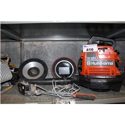 SHELF LOT OF TOOLS, HUSQVARNA LEAF BLOWER AND SPEAKERS