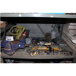 SHELF LOT OF TOOLS, AND SHOP EQUIPMENT (VISE)