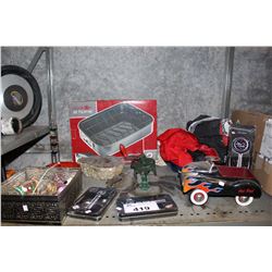 SHELF LOT OF PANS, GLASSES AND HOUSEHOLD GOODS