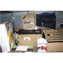 SHELF LOT OF CANNING JARS, SUITCASE AND MORE