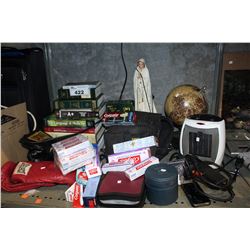 SHELF LOT OF TOOTHPASTE, CERAMIC HEATER, GLOBE AND MORE