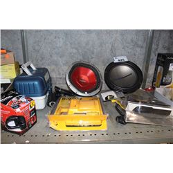SHELF LOT WITH 2 SUBWOOFERS, 2 DEWALT CHARGERS AND MORE
