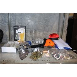 SHELF LOT OF SHOT GLASSES, BEER MUG AND COLLECTABLES