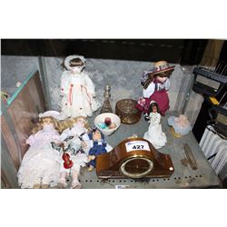 SHELF LOT OF MANTEL CLOCK AND  PORCELAIN DOLLS