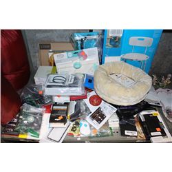 SHELF LOT OF MISC ELECTRONICS, PHONE CASES AND MORE