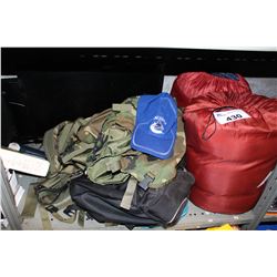 SHELF LOT OF SLEEPING BAGS, CAMPING GEAR AND MORE