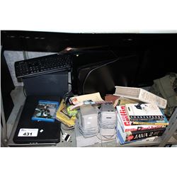 SHELF LOT OF MISC ELECTRONICS, BOOKS AND SPEAKERS