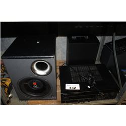 SHELF LOT OF STEREO EQUIPMENT