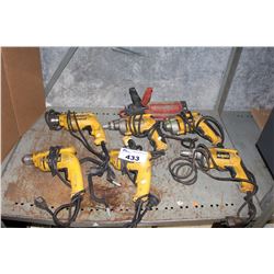SHELF LOT OF 6 DEWALT DRILLS, AND MORE