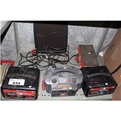 SHELF LOT OF 2 BATTERY CHARGERS AND SOLAR PANEL