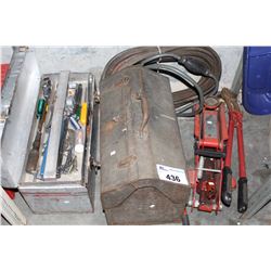 SHELF LOT OF TOOL KITS AND TOOL BOXES AND FLOOR JACK