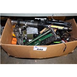 SHELF LOT OF MISC TOOLS, HEADPHONES AND MORE