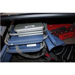 SHELF LOT OF MISC TOOLS, CAMPING GEAR, HOCKEY BAG AND GOLF CLUBS