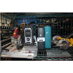 SHELF LOT OF MISC TOOLS, MAKITA RADIO AND MORE