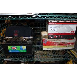 SHELF LOT OF CAR BATTERY, CEILING FAN, CAR AMP AND MORE