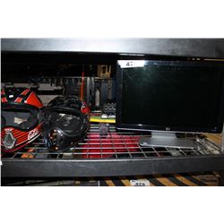 SHELF LOT OF MOTOCROSS HELMETS, MONITOR AND MORE