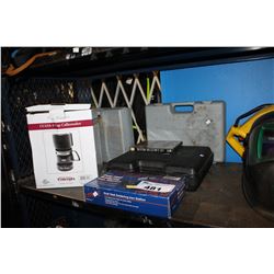 SHELF LOT OF WELDING HELMETS, COFFEE POT AND TOOLS