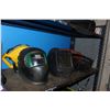 Image 2 : SHELF LOT OF WELDING HELMETS, COFFEE POT AND TOOLS