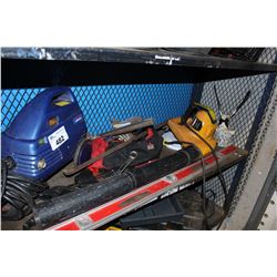 SHELF LOT OF PRESSURE WASHER, LEAF BLOWER AND MISC TOOLS