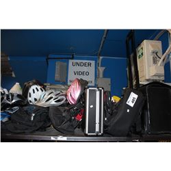 SHELF LOT OF BACKPACKS, HELMETS AND LUGGAGE