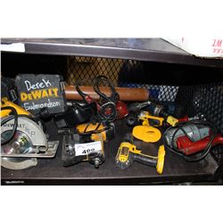 SHELF LOT OF DEWALT TOOLS - CORDLESS AND CORDED